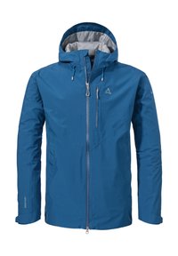 Blaue wasserdichte Jacke mit Kapuze, durchgehendem Reißverschluss und grauem Innenfutter. Merkmale sind eine zipfelbare Brusttasche und verstellbare Manschetten.
