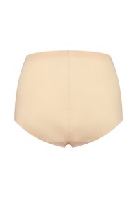 Beige högmidjade underkläder med slät tyg, rundad form och minimala sömmar. Sitter precis ovanför höfterna och ger full täckning.
