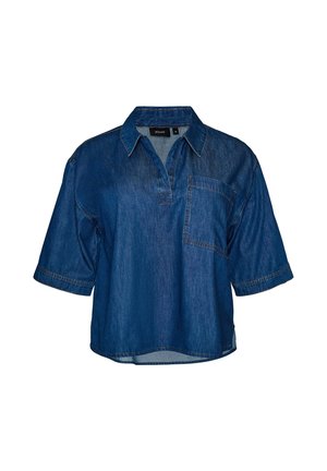 Zizzi, JEANSBLUSE MIT BRUSTTASCHE UND ELLENBOGENLANGEN ÄRMELN - Blouse - blau