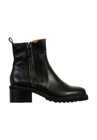 Botas de cuero negras hasta el tobillo con un tacón cuadrado, cierre lateral con cremallera, suela texturizada y una pestaña para facilitar el calzado. Superficie suave y diseño moderno.