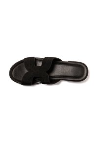 Sandalia de slide negra con un diseño de tira texturizada con un patrón cruzado y una suela lisa. Plantilla acolchada para mayor comodidad.