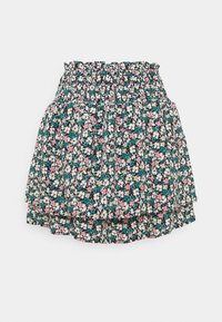 Blommig mönstrad kjol med svart bakgrund, featuring volangskikt, elastisk midja och mönster av rosa, vita och teal blommor.