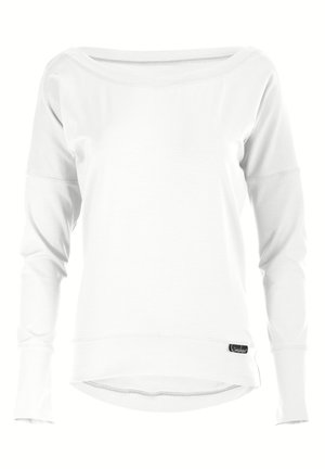 Witte longsleeve sweatshirt met een brede halslijn, zachte textuur en een iets langere achterzoom. Bevat een klein zwart merkembleem aan de onderkant.