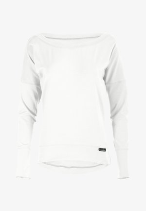 White long-sleeve sweatshirt with a wide neckline, soft texture, and a slightly longer rear hem. Features a small black brand label at the bottom.