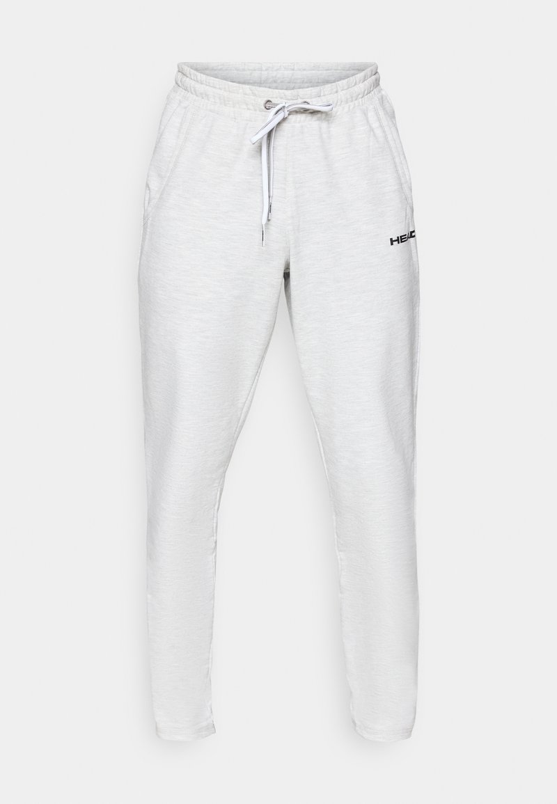 Pantalones de chándal gris claro con cintura elástica y cordón blanco, bolsillos laterales y pequeño logo negro "HEAD" en el muslo izquierdo.