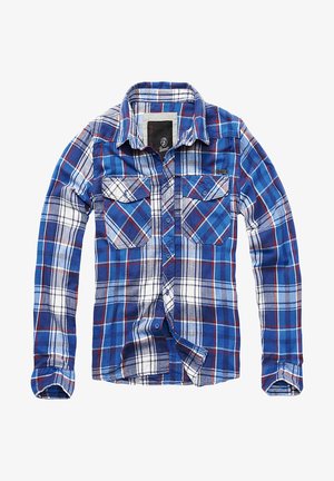 Modrá kárkovaná košile vyrobená z bavlny, s dlouhými rukávy, obsahující dvě náprsní kapsy, límec na knoflíky a střídající se bílé a červené vzory.