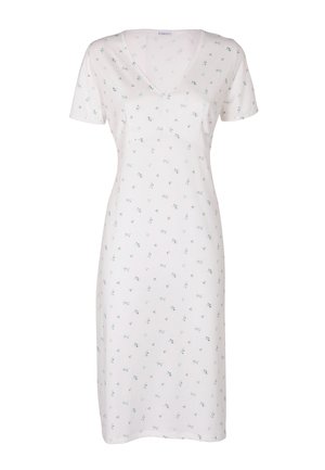 Vestito bianco fino al ginocchio con maniche corte, scollo a V e piccolo motivo floreale sparso in azzurro chiaro e verde.