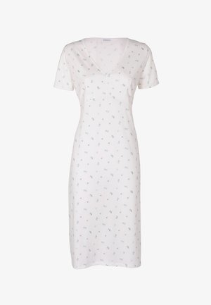 Vestito bianco fino al ginocchio con maniche corte, scollo a V e piccolo motivo floreale sparso in azzurro chiaro e verde.