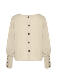 Beige Bluse mit langen Puffärmeln, rundem Halsausschnitt und sieben braunen Knöpfen entlang des Rückens. Glattes Gewebe mit subtiler glänzender Optik.
