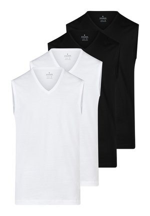 Dwa czarne i dwa białe bawełniane podkoszulki bez rękawów z dekoltem w serek, starannie ułożone na białym tle.