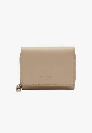 Beige leather wallet with a textured finish, zippered closure, and embossed brand name on the front. Compact rectangular shape with stitched edges.