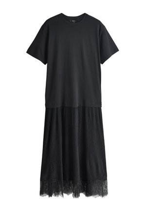 Black short-sleeve T-shirt dress with a textured skirt and lace trim at the hem, displayed on a white background.
