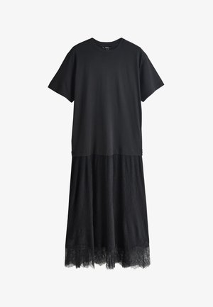 Black short-sleeve T-shirt dress with a textured skirt and lace trim at the hem, displayed on a white background.