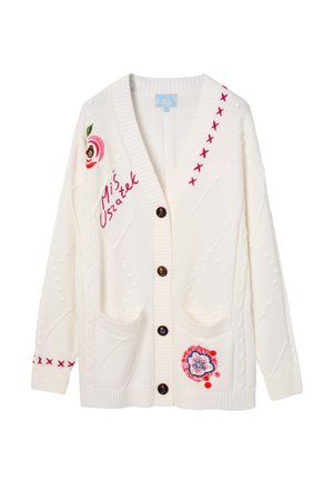 Fehér kötött kardigán texturált mintákkal, V-nyakkivágással, gombos záródással, két zsebbel és színes hímzett virágmintákkal.