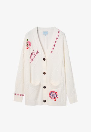 Valkoinen neulottu neuletakki, jossa on teksturoidut kuviot, V-pääntie, napillinen kiinnitys, kaksi taskua ja värikkäitä kirjailtuja kukkakuvioita.