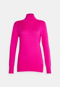 Pink turtleneck sweater made from soft fabric, featuring long sleeves and a fitted design with ribbed cuffs and hem.