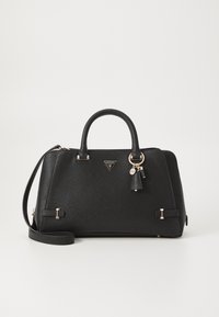 Black rectangular handbag in textured synthetic material with two handles, a long strap, gold-tone hardware, and a logo accent.