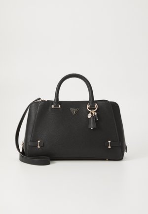 Musta ristkülikukujuline käekott tekstureeritud sünteetilisest materjalist, millel on kaks käepidet, pikk rihm, kuldse tooni riistvara ja logo aktsent.