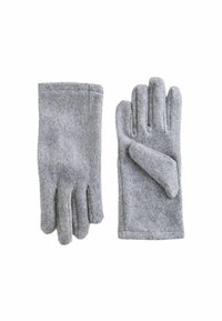 Guanti grigi di lana con una texture morbida. Design a cinque dita con punte arrotondate e taglio semplice e pulito, senza decorazioni.
