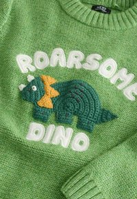 Zelený pletený sveter s textúrovaným motívom dinosaura v tmavšej zelenej a oranžovej farbe, s bielym vyšívaným nápisom "ROARSOME DINO".