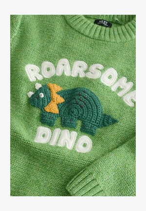Vihreä neulottu villapaita, jossa on tummemman vihreällä ja oranssilla teksturoitu dinosauruskuvio sekä valkoisella kirjailtu teksti "ROARSOME DINO".