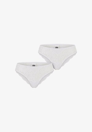 Valged pitsilised aluspüksid, millel on lillemuster, lainelised servad ja keskmise tõusuga vöö. Kaks tükki on sümmeetriliselt eksponeeritud.