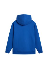 Blå hoodie i blandad bomull. Har en huva, lång ärmar och ribbade manschetter och fåll, med en slät yta och enkel design.