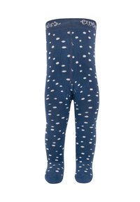 Blue tights with white polka dots, soft texture, fitted design, elastic waistband, and reinforced toe and heel areas for durability.