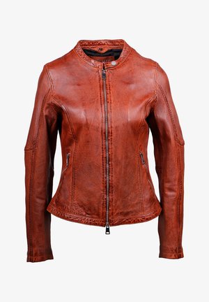 Bruine leren jas met een aangesloten ontwerp, ronde halslijn, ritssluiting en twee voorzakken met rits. Gecombineerde afwerking met naaddetails.