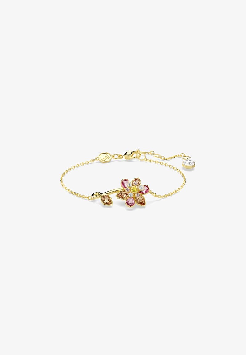 Gouden armband met een bloemenontwerp, versierd met roze, gele en heldere kristallen, en een verstelbare ketting met een sluiting.