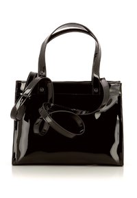 Svart lackläder tote väska med två handtag, en avtagbar axelrem och en elegant rektangulär form. Slät, glansig yta.