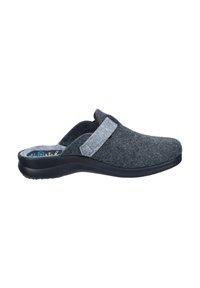 Gray felt slip-on clogs with a black rubber sole, featuring a wide strap across the midfoot. Soft texture and rounded shape.