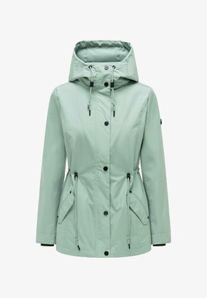 Lysegrønn regnjakke med hette, knepping foran, justerbare snorer i livet og hetten, samt klafflommer på begge sider.