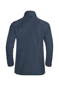 Giacca in pile blu scuro con colletto alto, maniche lunghe e una texture morbida con un design a pannelli laterali lisci.
