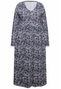 Langes Kleid in schwarz, weiß und rot mit abstraktem Muster; verfügt über einen V-Ausschnitt, lange Ärmel und eine geraffte Taille für eine lässige Passform.