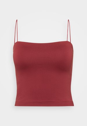 Burgunderfärgad spaghetti strap linne, tillverkat av mjukt tyg med en figursydd silhuett och rak nederkant. Minimalistisk design, inga synliga mönster.