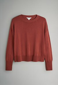 Pull en tricot rouge rouille à manches longues avec col rond côtelé, poignets et ourlet, présenté sur un fond gris clair uni.