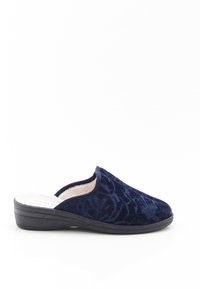 Scarpe slip-on in velluto blu navy con motivo floreale testurizzato, punta arrotondata e suola in gomma nera. Rivestimento interno morbido per il massimo comfort.