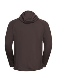 Felpa con cappuccio marrone a maniche lunghe, caratterizzata da un tessuto testurizzato, un cappuccio a tre pezzi e maniche raglan per un movimento migliorato. Design pulito sul retro.