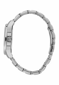 Orologio da polso in acciaio inox argentato con cassa rettangolare, finitura lucida e spazzolata, e bracciale a maglie con chiusura a pulsante.