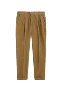 Pantalones de pana marrones con un diseño de pierna recta, que incluyen dos pliegues delanteros, bolsillos laterales y un cierre de botón único en la cintura.