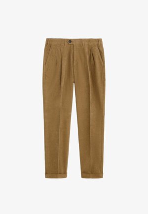 Pantalones de pana marrones con un diseño de pierna recta, que incluyen dos pliegues delanteros, bolsillos laterales y un cierre de botón único en la cintura.