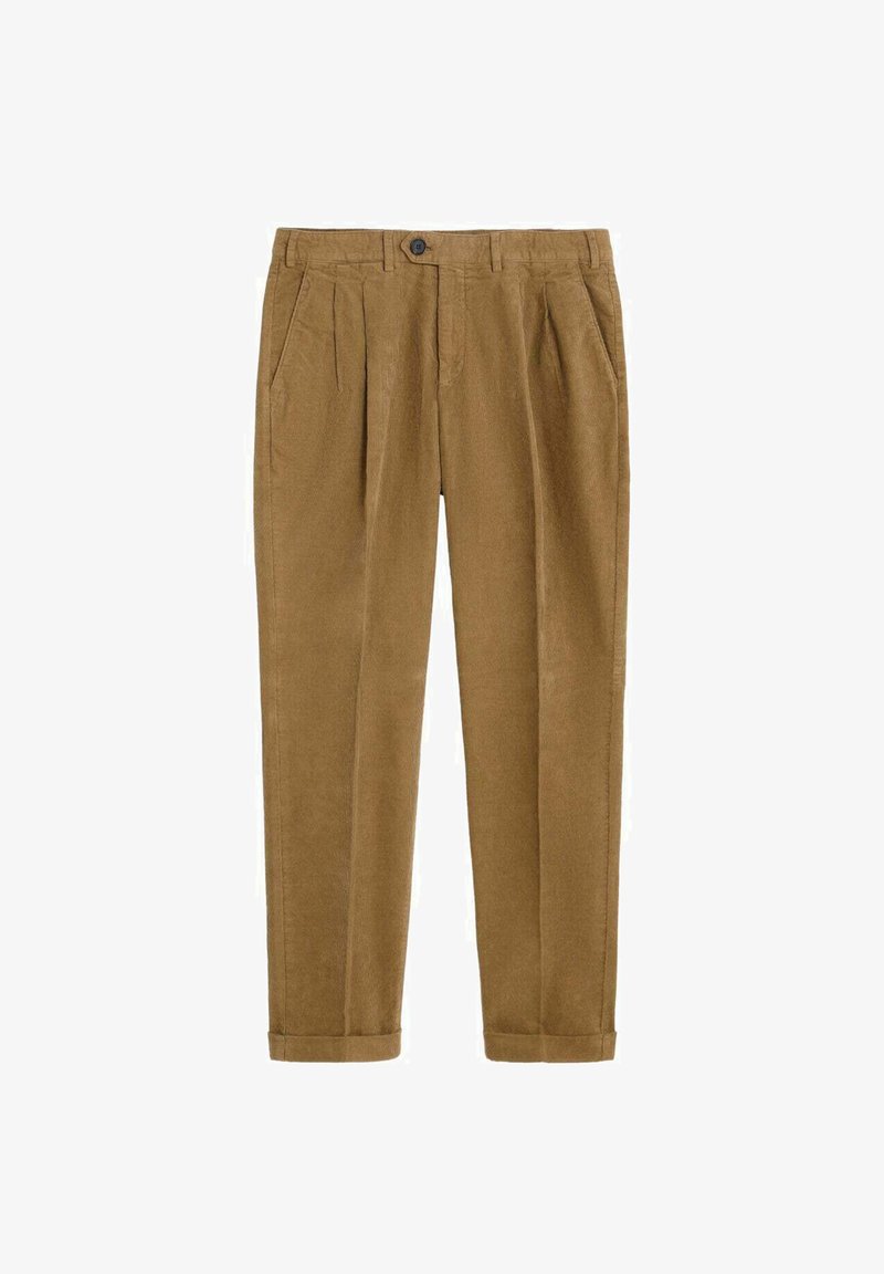 Pantalones de pana marrones con un diseño de pierna recta, que incluyen dos pliegues delanteros, bolsillos laterales y un cierre de botón único en la cintura.