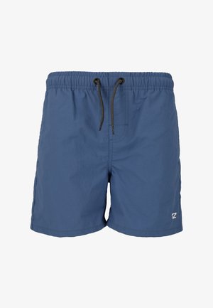 Shorts de bain bleus en matière légère, dotés d'une ceinture élastique avec cordon de serrage, de poches latérales et d'un détail de logo subtil.