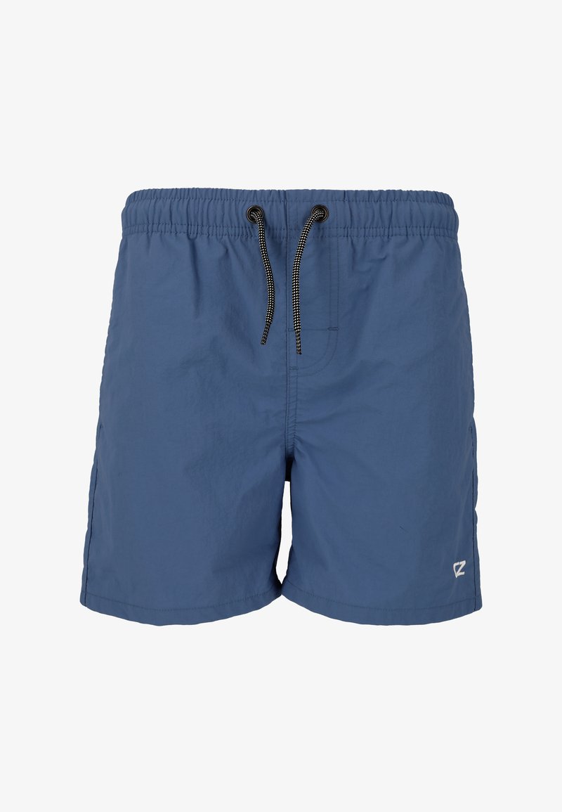 Blue swim shorts made of lightweight material, featuring an elastic waistband with a drawstring, side pockets, and a subtle logo detail.