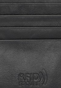 Czarny skórzany portfel z wieloma przegródkami na karty, teksturowana powierzchnia oraz wytłoczone logo "RFID SECURE". Subtelne detale szwów wzdłuż krawędzi.