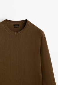 Maglione marrone lavorato a maglia con scollatura rotonda. Presenta un colletto e polsini a coste, una texture liscia e un design semplice e classico.