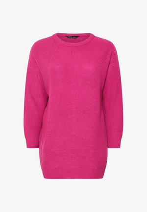 Rosa gestrickter übergroßer Pullover mit runden Halsausschnitt und Dreiviertelärmel. Hat ein strukturiertes Muster und gerippte Bündchen.