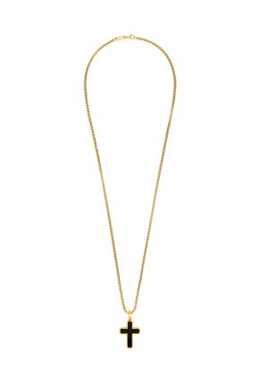 Gouden ketting met een ovale schakelontwerp, met een zwart geëmailleerd kruis als hanger in het midden. Glad textuur, minimalistisch ontwerp.