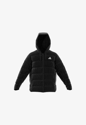 Schwarze Daunenjacke mit Kapuze, mit durchgehendem Reißverschluss, horizontalem Steppdesign und dezentem Logo auf der oberen linken Brust.